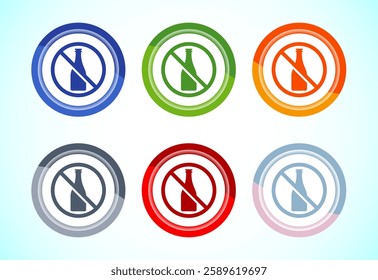 Alcohol free icon design illustration, no alcohol sign symbol, 6 color button design set