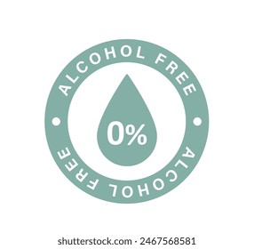 Alcohol free icon. Don't contain alcohol symbol. Zero percent tag. Drop symbol. Health cosmetic product. 0 percent icon. Design infographic element. Vector illustration isolated on white background.