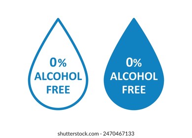 Alcohol free icon. Don't contain alcohol symbol. Zero percent tag. Drop symbol. Health cosmetic product. 0 percent icon. Design infographic element. Vector illustration isolated on white background.