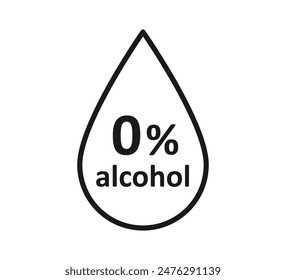 Alcohol free icon. Don't contain alcohol symbol. Zero percent tag. Drop symbol. Health cosmetic product. 0 percent icon. Design infographic element. Vector illustration isolated on white background.