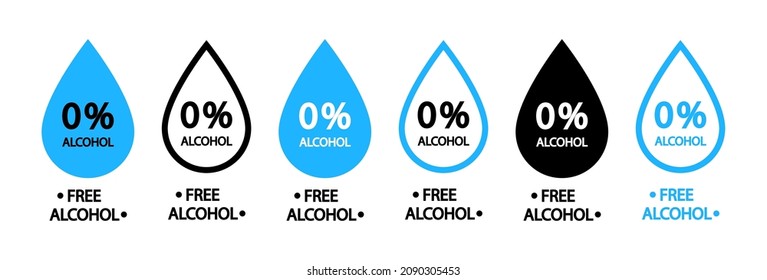 Icono libre de alcohol. Símbolo no alcohólico. Logotipo para cerveza, cosméticos, antisépticos y otros productos. Signo de vector con 0 por ciento. Cero ícono para la medicina, la piel y la seguridad. Etiqueta, pegatina y sello.