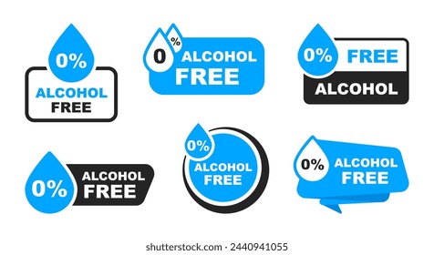 Alcohol free icon set. No alcohol logo. Zero percent alcohol symbol. Vector illustration.