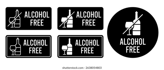 Alcohol free icon set. No alcohol logo. Zero percent alcohol symbol. Alcohol free label product packaging design. Vector illustration.