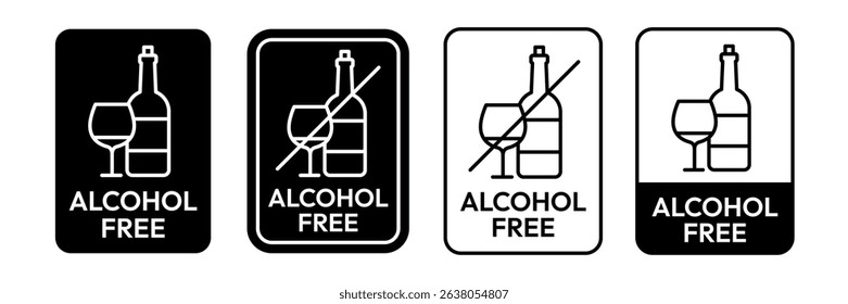 Alcohol free icon set. No alcohol logo. Zero percent alcohol symbol. Alcohol free label product packaging design. Vector illustration.