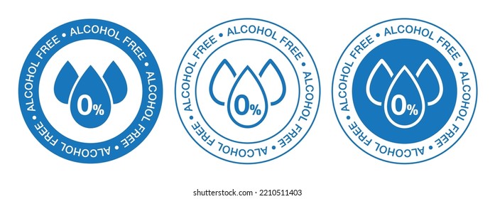 Juego de vectores de iconos libres de alcohol. Sello sin alcohol. Sin signo de alcohol, 0% de ilustración de símbolo. Etiqueta libre de alcohol 0%.