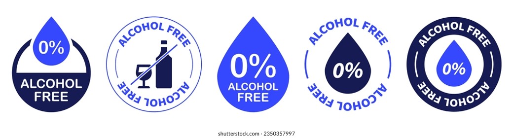 Alcohol free icon vector set. Zero alcohol emblem. Zero percent alcohol label. Non alcoholic. Safe product contain no alcohol, 0% symbol. Skin and body care, cosmetic product non alcoholic symbol.