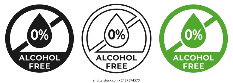 Alcohol free icon. Zero alcohol forbidden label. Nonalcoholic ban or prohibition logo, illustration, badge, symbol, stamp, sticker, emblem or seal isolated.