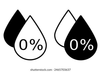 Alcohol free icon. Zero percent trans fat symbol. Water drop sign.