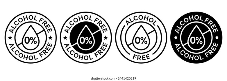 Alcohol free icons. No alcohol logo. Zero percent alcohol symbol. Vector illustration.