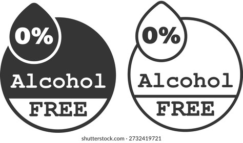 Alcohol free labels featuring drop icon in black and white circular badge style for drinks