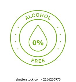 Alcohol Free Product Line Green Stamp. Drop, Droplet in Round Outline Sticker Symbol of Nonalcoholic. Non Alcohol Label. No Contain Alcohol in Natural Cosmetic Seal. Isolated Vector Illustration.