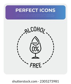 Alcohol free sign. Thin line icon for beauty product. Drinking glass with droplet. Modern vector illustration.