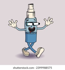 Alcohol free spray in groovy style. Character in retro style 80s 70s 60s Sticker in retro groovy style.