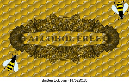 Alcohol Free text inside Linear sweet honey bees emblem.beekeeping handsome background. Intense illustration. 
