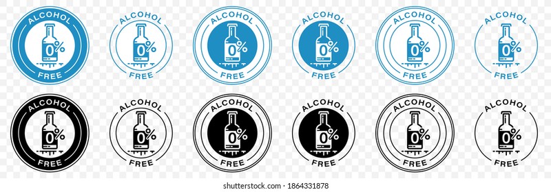 Alkoholfreie Vektorsymbole. Symbol - Kein Alkohol. Ein Stempel für die Verpackung von Kosmetikprodukten und Lebensmitteln. Trinken Sie Getränke Flasche und Null Prozent. Informationskennzeichnung. Vektorgrafik.