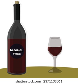 Alcohol free wine. Vector illustration. Glass and bottle of non alcoholic wine on the table. 