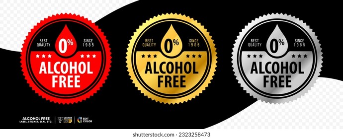 Alcohol free zero percent vector label with red gold and silver color. suitable for icon, logo, sticker, seal, badge, emblem, stamp, etc. 