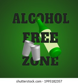 Alcohol free zone, banner, flier, leaflet, a bottle, glasses isolated on a green background.