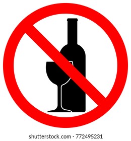 ALCOHOL FREE ZONE sign. Wine bottle and glass icons in crossed out red circle. Vector.