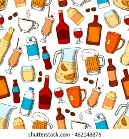 Alcohol, fresh and healthy beverage seamless pattern. Hand drawn cartoon icons of coffee beans, hot tea cup, cocktail straw, beer mug, lemonade jar, wine glass, whiskey, rum, soda bottle, milk pack