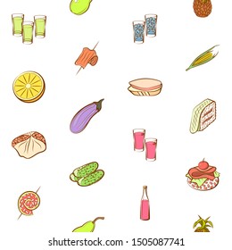 Alcohol, Fruits, Health food and Snacks set. Background for printing, design, web. Usable as icons. Seamless. Colored.
