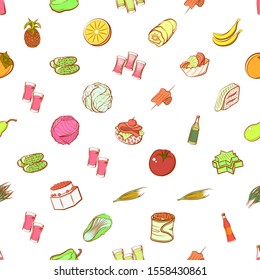 Alcohol, Fruits, Health food and Snacks set. Background for printing, design, web. Usable as icons. Seamless. Colored.
