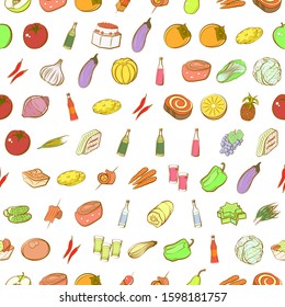 Alcohol, Fruits, Health food and Snacks set. Background for printing, design, web. Usable as icons. Seamless. Colored.