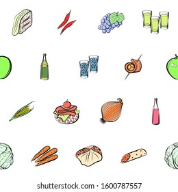 Alcohol, Fruits, Health food and Snacks set. Background for printing, design, web. Usable as icons. Seamless. Colored.