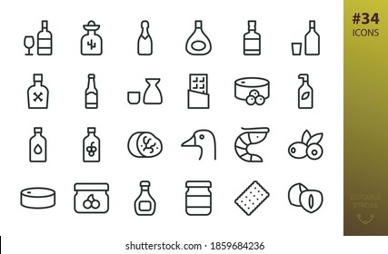 Alcohol and Gastronomy food icon set. Set of alcohol drinks, wine, whiskey, cognac, foie gras, caviar, shrimps, truffle, olive oil, preservation food, pate, jam, hazelnuts, sauce bottle vector icons