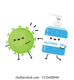 Gel de alcohol. Diseño del carácter de gel de alcohol. Gel lavado manual y vector de bacterias.