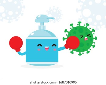 Alcohol gel cute character. Hand wash gel fight with coronavirus (2019-nCoV), Alcohol gel attack COVID-19, Protection Against Viruses and Bacteria, Healthy lifestyle isolated on white background