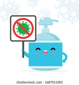 Alcohol gel cute character. Hand wash gel and sign stop coronavirus (2019-nCoV), Alcohol gel attack COVID-19, Protection Against Viruses and Bacteria, Healthy lifestyle isolated on white background