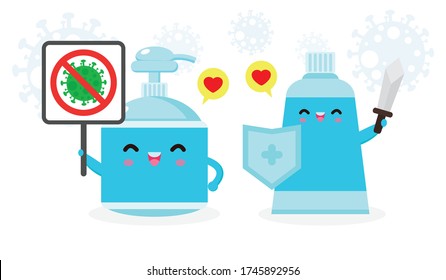 Alcohol gel cute character. Hand wash gel and sign stop coronavirus (2019-nCoV), Alcohol gel attack COVID-19, Protection Against Viruses and Bacteria, Healthy lifestyle isolated on white background