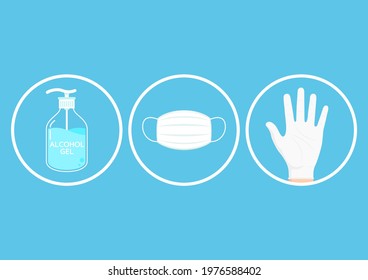 Alcohol gel and Face mask vector. Protective mask. Rubber gloves vector.