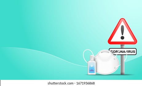 Alcohol Gel Hand Sanitizer and Disposable Hygienic or medical Mask on green background . Coronavirus or Covid-19 Vector illustration . 