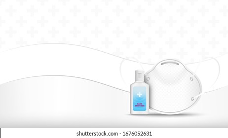 Alcohol Gel Hand Sanitizer and Disposable Hygienic or medical Mask on white background . Vector illustration . 