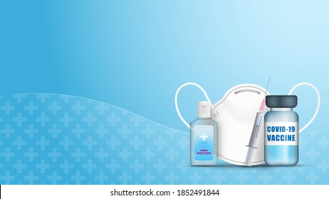 Alcohol Gel Hand Sanitizer , Disposable Hygienic or medical Mask and covid-19 vaccine on blue background . Vector illustration .