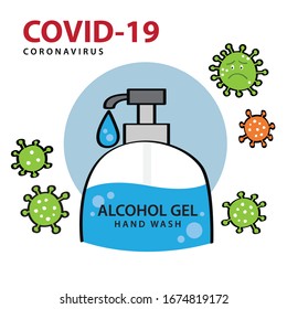 Alcohol gel hand wash for cleaning and clear germ, bacteria. Illustrations concept coronavirus COVID-19.
