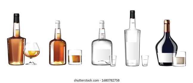 Alcohol in glass bottles with cups realistic product vector designs set. Strong beverage 3d isolated mock up. Luxury whiskey templates pack on white background. Premium tequila advertisement packing