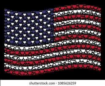 Alcohol glass symbols are arranged into waving USA flag abstraction on a dark background. Vector concept of USA state flag is constructed of alcohol glass elements.