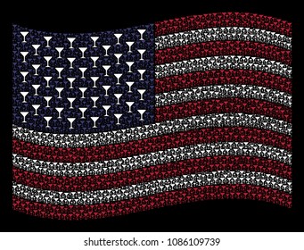 Alcohol glass symbols are composed into waving United States flag abstraction on a dark background. Vector concept of American state flag is created from alcohol glass items.