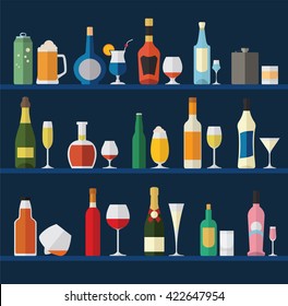 Alcohol glasses and bottles flat icon set. Different alcohol beverages. Vector illustration