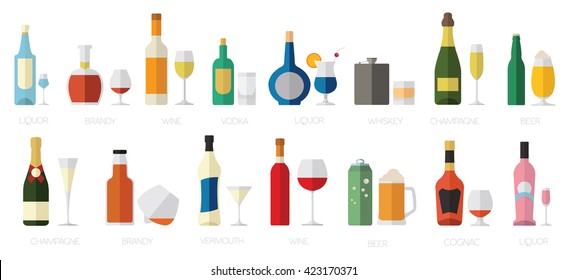 Alcohol glasses and bottles flat icon set. Different alcohol beverages. Vector illustration