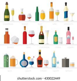 Alcohol glasses and bottles flat icon set. Different alcohol beverages. Vector illustration