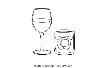 Alcohol with glasses continious line drawing. Whiskey,  wine glasses with drinks. Cheers toast festive decoration for holidays. Vector illustration