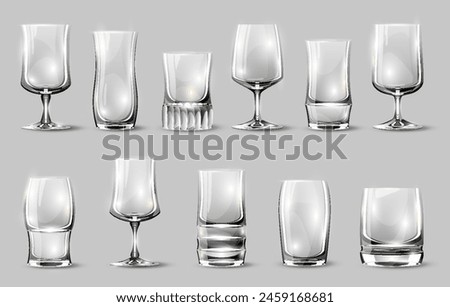 Alcohol glasses for drinks. Set of transparent glasses goblets, vector icon. Glasses for wine, martini, champagne and other. Cocktail glasses collection