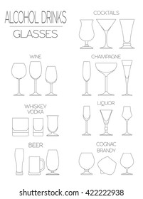 Alcohol glasses flat icon set. Different alcohol beverages. Vector illustration