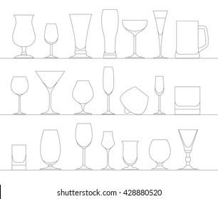 Alcohol glasses flat icon set. Different alcohol beverages. Vector illustration