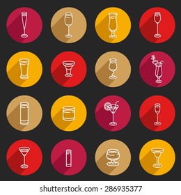 Alcohol glasses. Icon set in circles with long shadow. Different types of alcohol glasses.