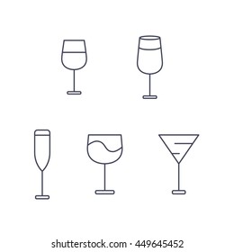 Alcohol glasses outline vector icons, Cocktail, drinks symbols, beer, wine, cognac emblems, Japanese, china, asian, japan